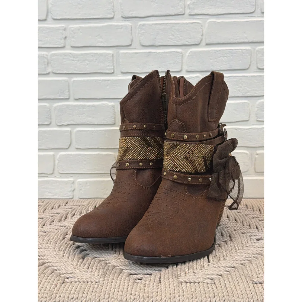 Not Rated Western Beaded Ankle Booties Brown Studded Wedge 10M